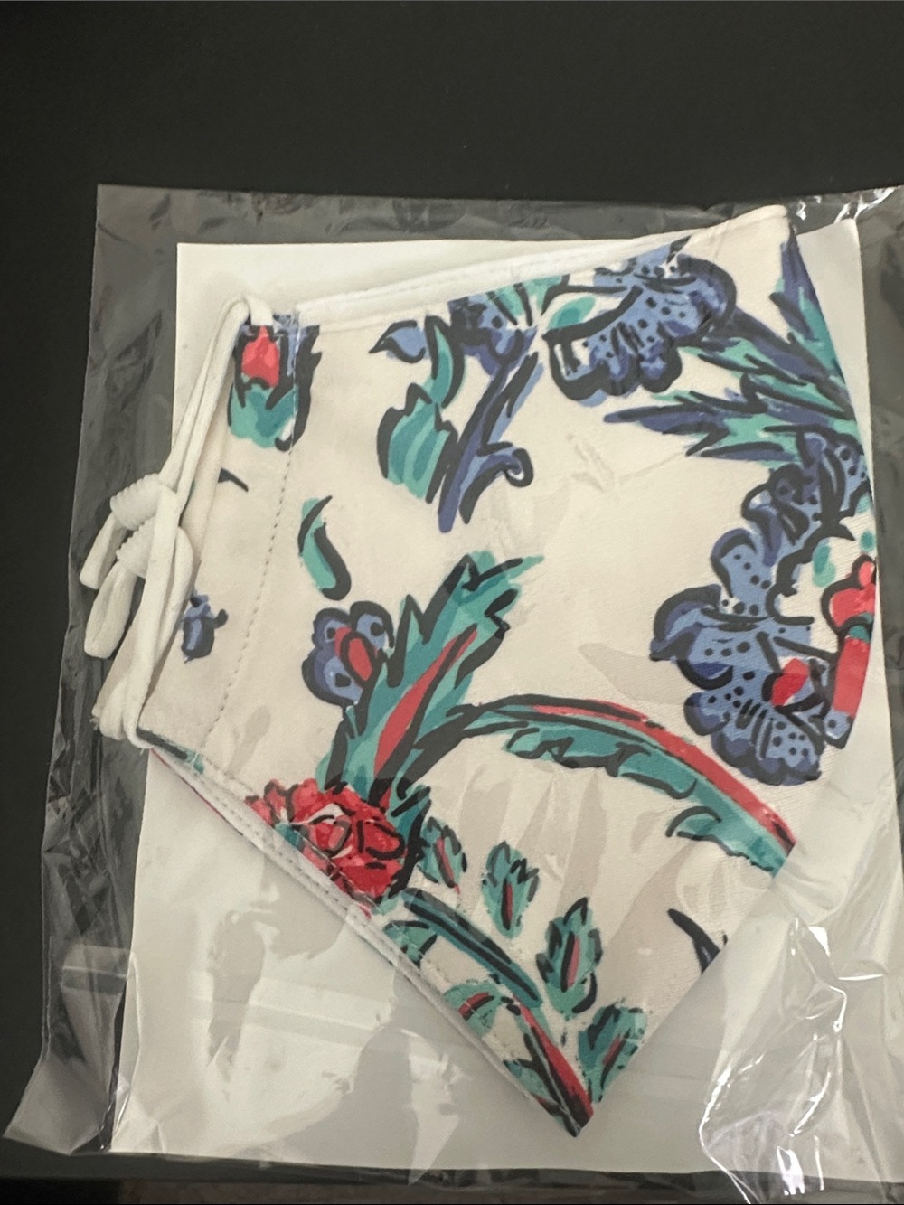 Tory Burch White Floral Face Mask with Blue, Teal & Red Accents